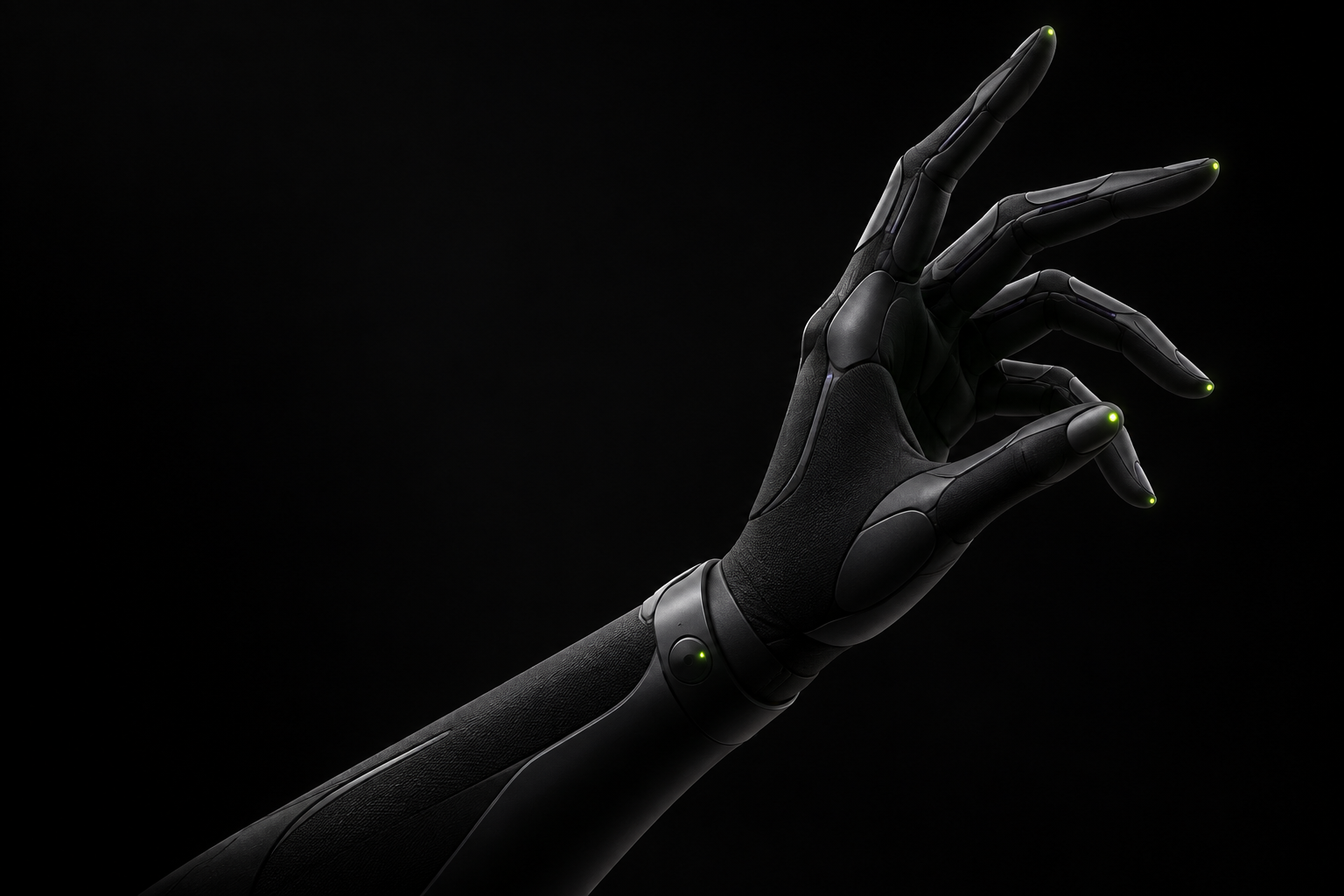 Black sculptural technology hand with subtle green sensor lights